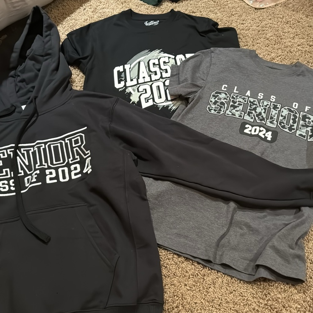 Two Class of 2024 T-shirts and one hoodie